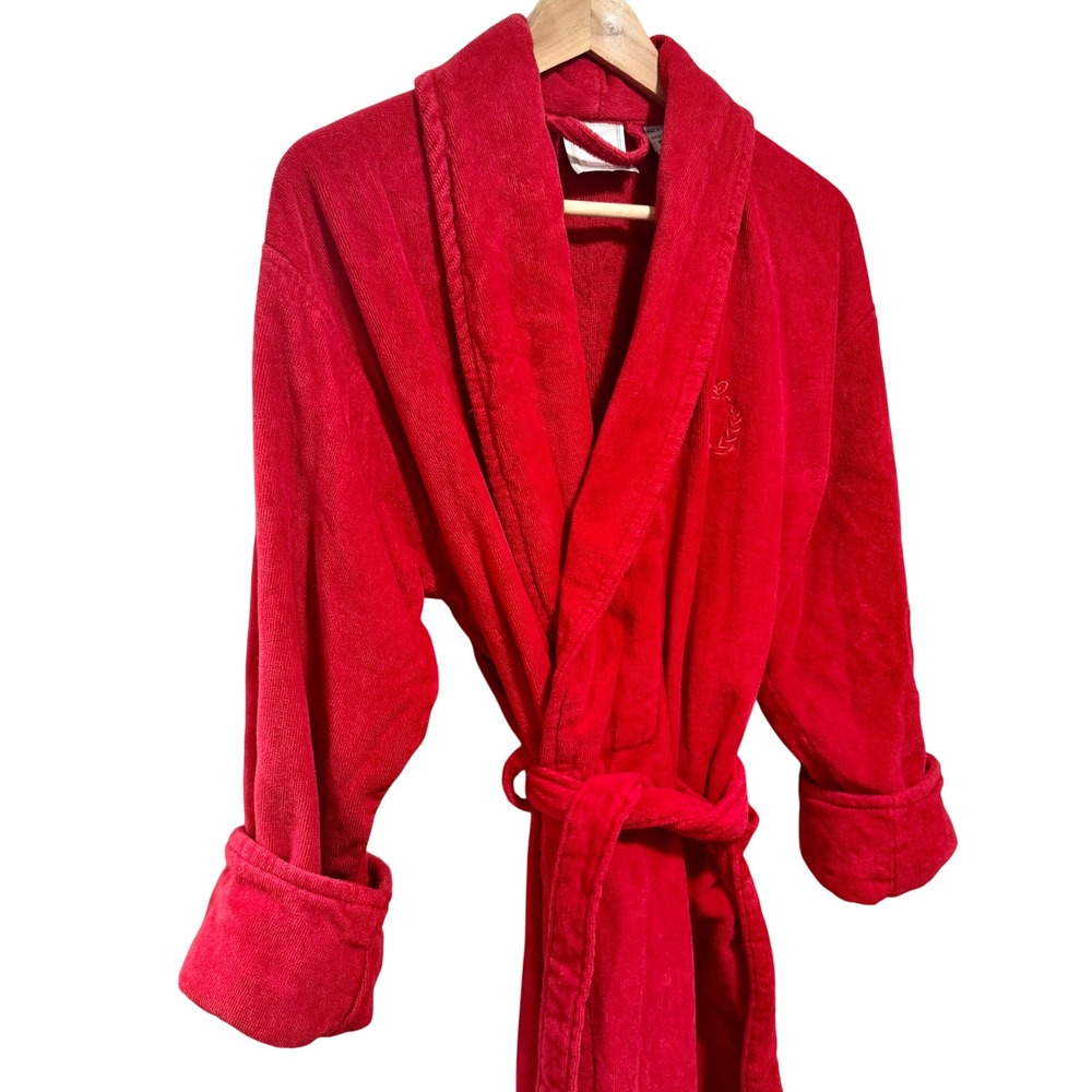 TJ Lawford Red Turkish Cotton Terry Cloth Robe Shawl Collar Crest Loungewear S/M